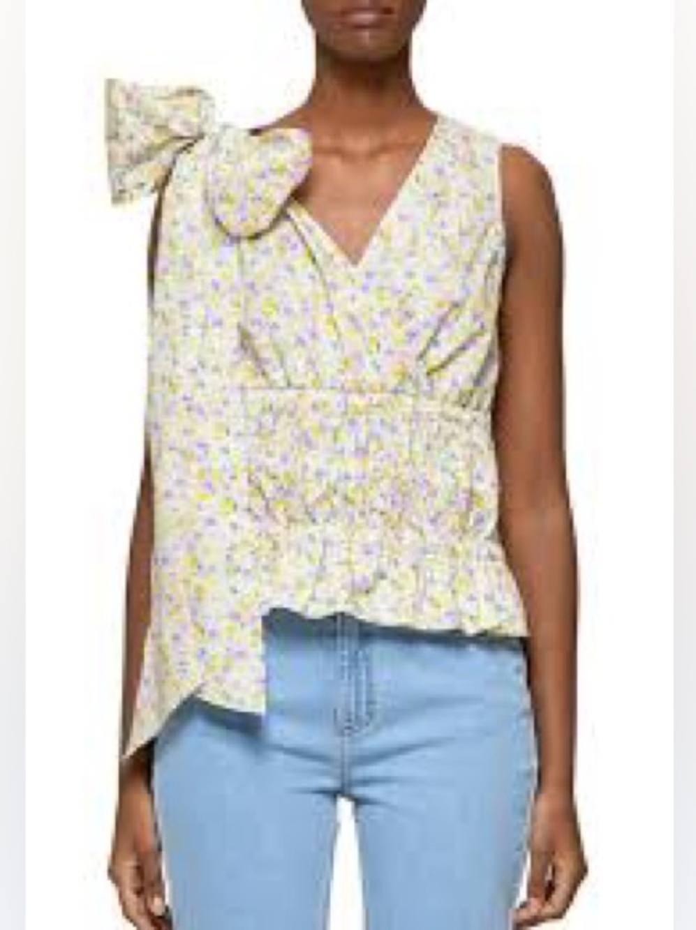 Tie-Shoulder Smocked Floral Peplum Top - Yellow